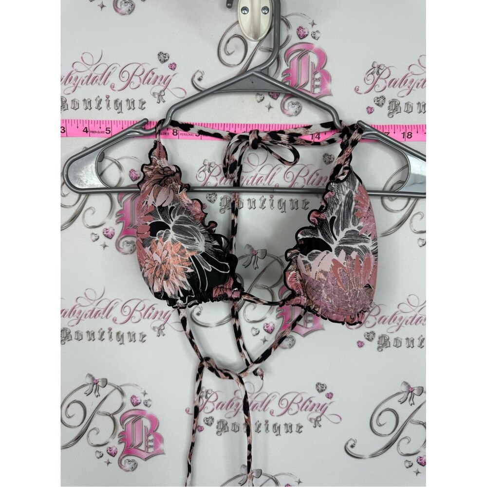 Reversible bikini top cheetah Floral Ruffle Triangle Bikini Top - Pink & Black